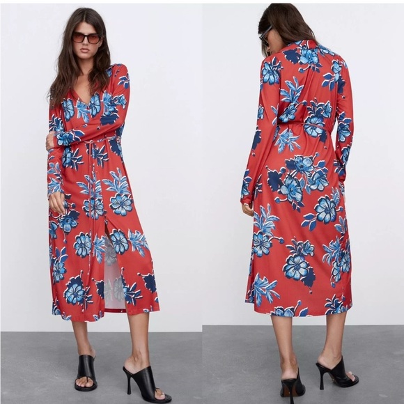 ZARA Floral Stretch Jersey Long Sleeve Belted Mid Length Dress Red Blue Vacation - Picture 1 of 10